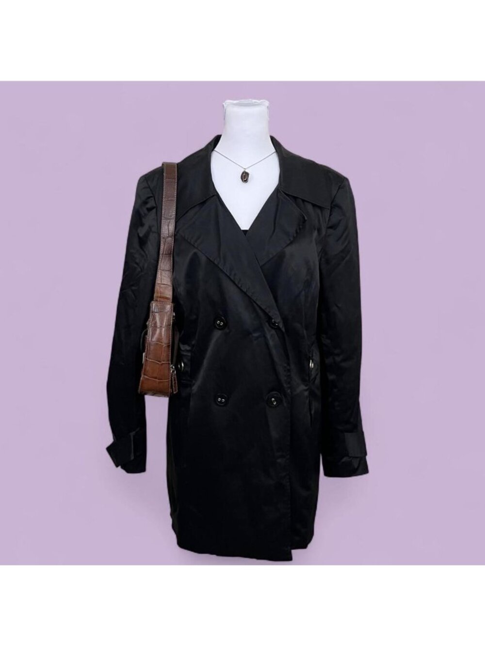 y2k black nylon satin goth grunge downtown it girl trench coat